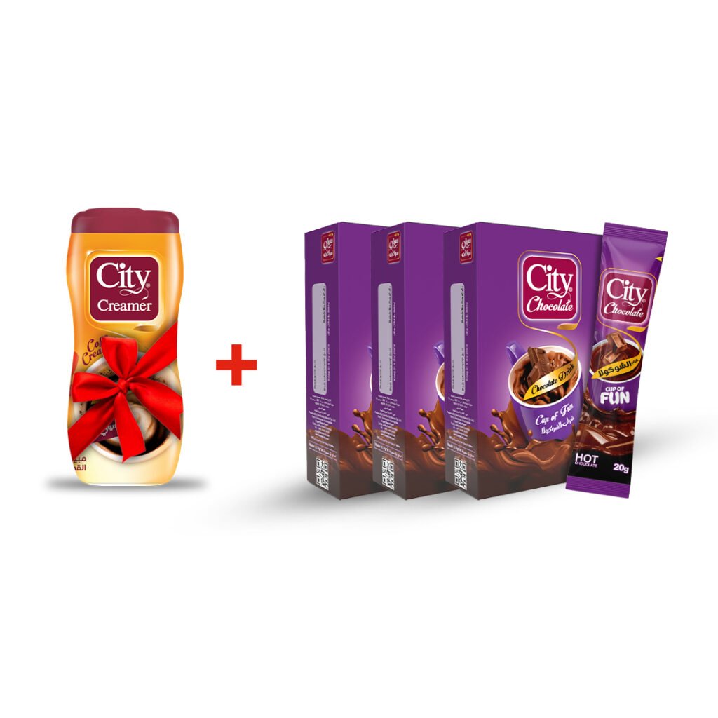 Get 3 City Cafe Hot Chocolate boxes (10 sachets) for 282 EGP + a free 170g City Creamer. Rich taste and a great price.