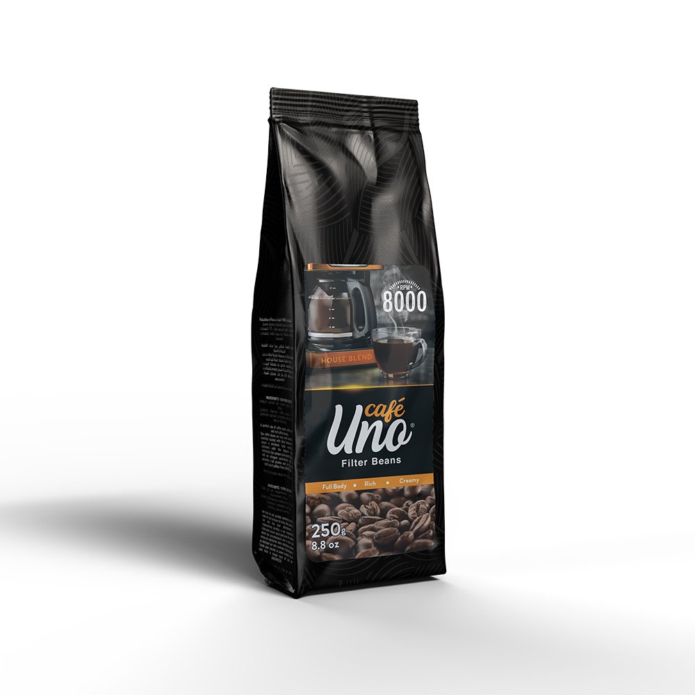 ار بى أم 8000 - أونو كافية - حبوب قهوة أمريكية مفلترة - طبيعية 100% من أجود حقول القهوة - ناعمة المذاق - 250 جرام